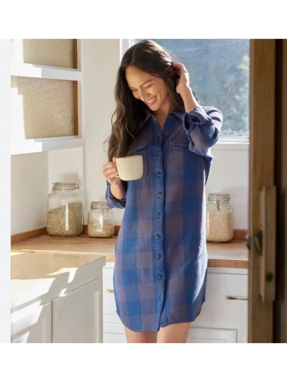 Outerknown BLANKET Cotton Flannel Shirt Dress in Blue Box Plaid Size XS NWT $168